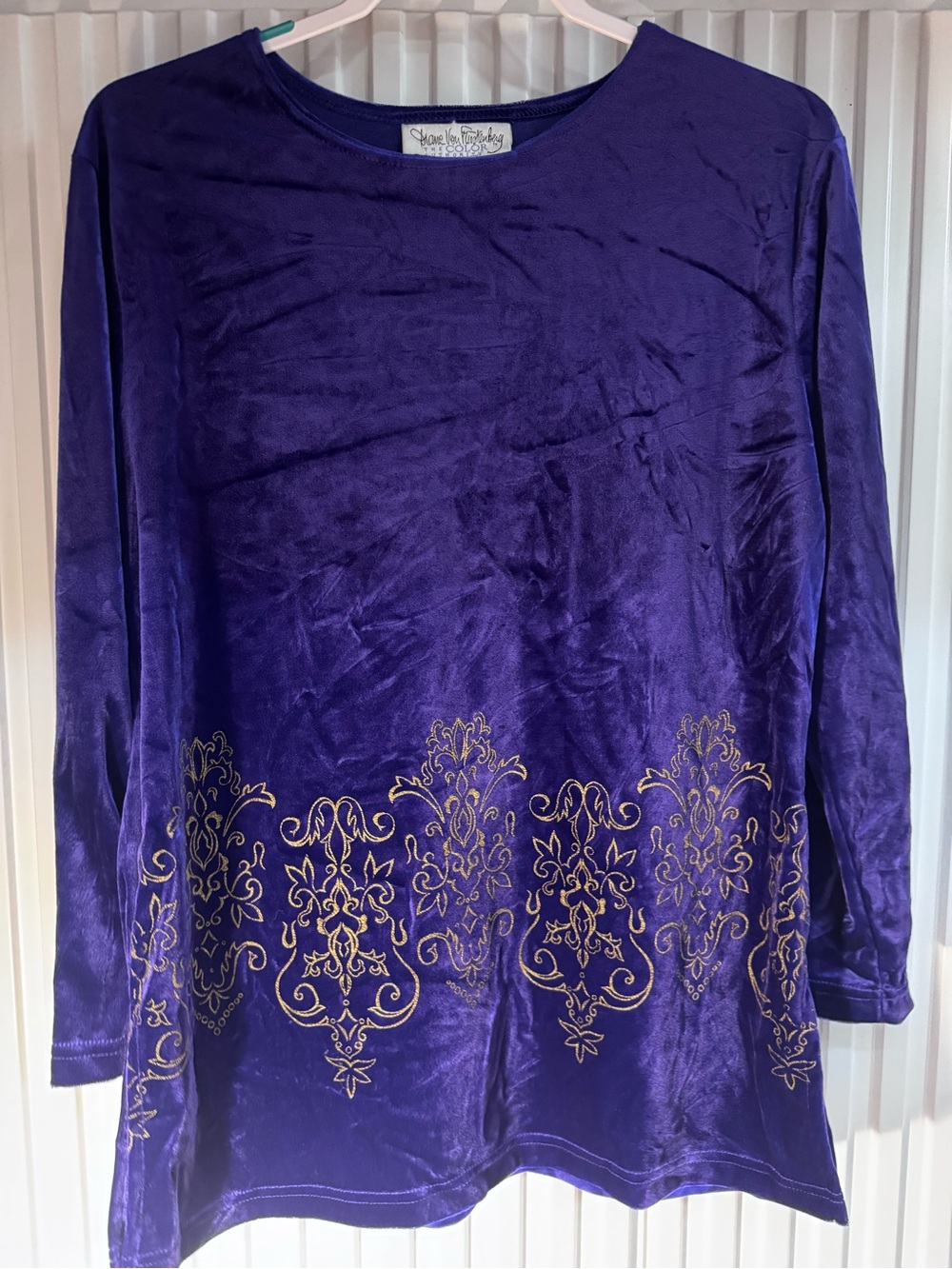 Vintage 90’s Diane Von Furstenberg Purple Velvet USA Long-Sleeve Top Gold